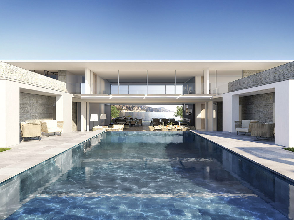Infografía arquitectónica piscina villa de lujo